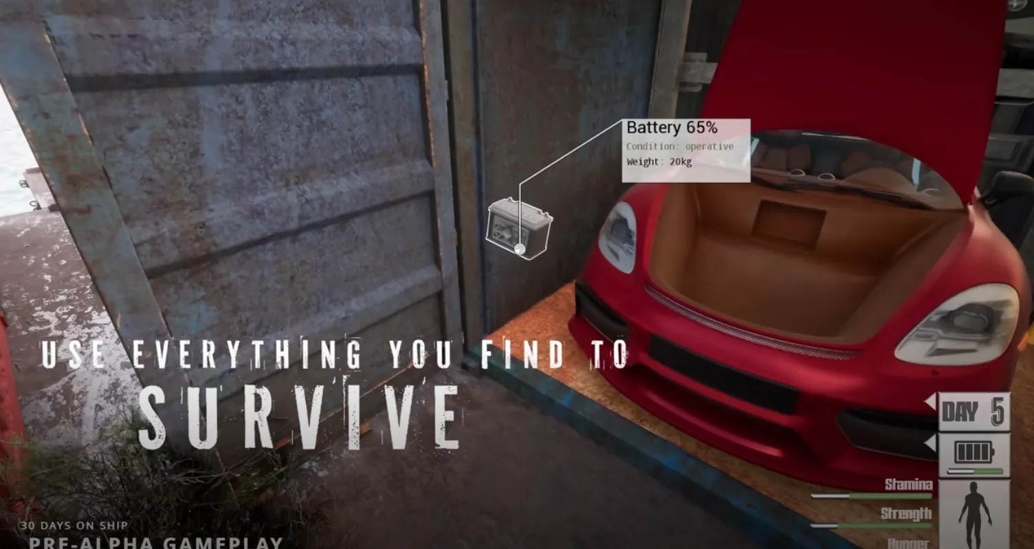 30 Days on Ship gameplay showing a car battery ready to salvage