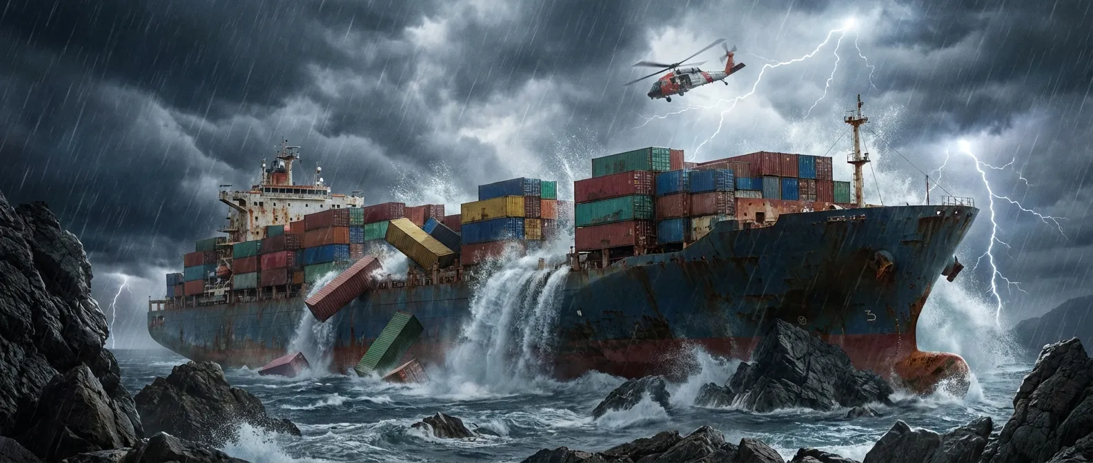 A wrecked container ship in a violent Pacific storm