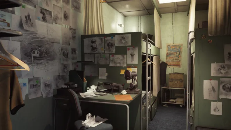 A crew cabin and planning desk aboard the ship